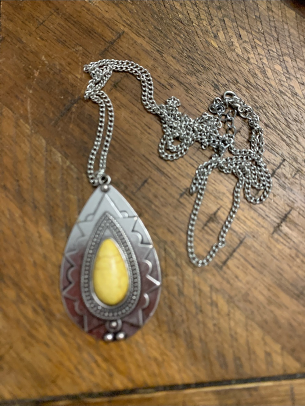 Yellow Teardrop Pendant Necklace - Silver Tone